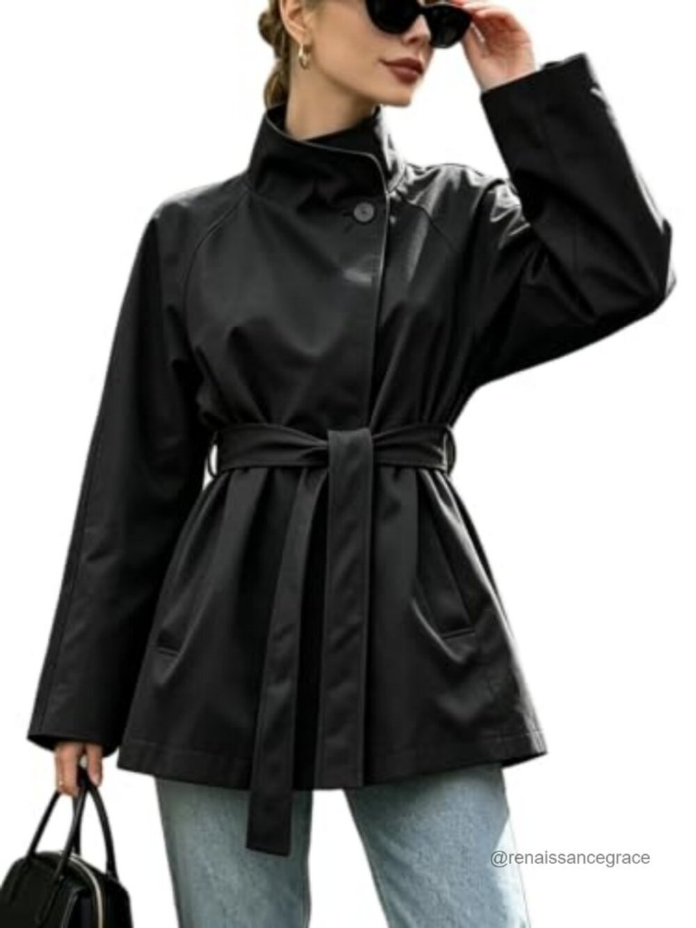 Womens Belted Open Front Trench Coat Stand Collar Windproof Overcoat